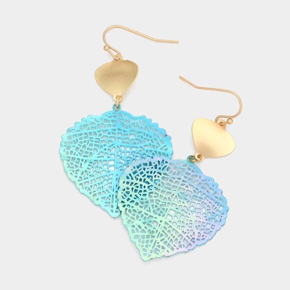 NEW Blue Iridescent Leaf Metal Filigree Dangle Earrings - Picture 1 of 5